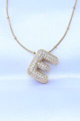 316L Çelik Zincirli Zirkon Taşlı E Harfli Gold Renk Bubble Kolye