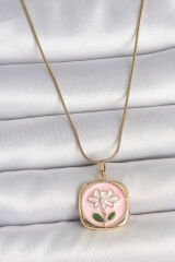 316L Çelik Gold Renk Zincir Pembe Papatya İşlemeli İnci Detay Kadın Kolye
