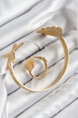 Pirinç İstiridye Ve Deniz Yıldızı Model Gold Renk Bileklik Yüzük Set