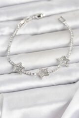 Pirinç Gümüş Renk Yıldız Model Zirkon Taşlı Su Yolu Kadın Bileklik