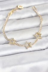 Pirinç Gold Renk Yıldız Model Zirkon Taşlı Su Yolu Kadın Bileklik