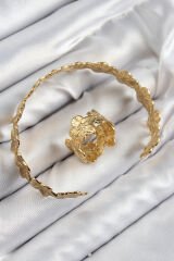 Pirinç Çiçek Model Gold Renk Bileklik Yüzük Set