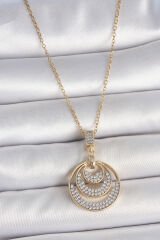 316L Çelik Gold Renk Zirkon Taşlı Madalyon Model Kadın Kolye