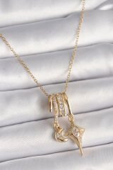 316L Çelik Gold Renk Zincir Sallantı Zirkon Taşlı Hilal Yılıdız Model Kadın Charm Kolye