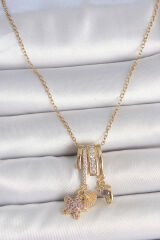 316L Çelik Gold Renk Sallantı Zirkon Taşlı Mor Taşlı Ayıcık Figür Charm Kadın Kolye