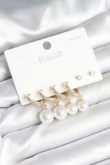 Gold Renk Zirkon Taşlı Pirinç İncili 925 Ayar Gümüş Çivili Küpe Seti