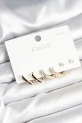 Gold Renk Pirinç Zirkon Taşlı 925 Ayar Gümüş Çivili Kadın Küpe Seti