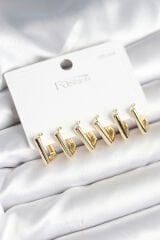 Gold Renk Kare Model Pirinç 925 Ayar Gümüş Çivili Kadın Küpe Seti