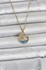 316L Çelik Zincir Gold Renk Zirkon Taşlı Deniz Temalı Kadın Kolye