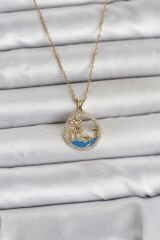316L Çelik Zincir Gold Renk Zirkon Taşlı Deniz Temalı Kadın Kolye