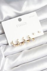 Pirinç Gold Renk Zirkon Taşlı ve İncili Model 925 Ayar Gümüş Çivi Kadın Küpe Seti