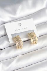 Zirkon Taşlı Şerit Model Gold Renk Pirinç Kadın Küpe
