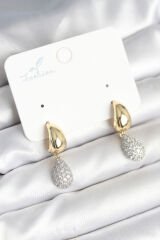 Gold Renk Zirkon Taşlı Damla Pirinç Kadın Küpe