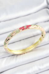 Mineli Pirinç Zirkon Taşlı Yeşil Pembe Çiçek Desenli Gold Renk Kadın Kelepçe