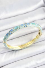 Mineli Pirinç Mavi Çiçek Desenli Gold Renk Kadın Kelepçe