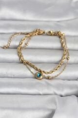 316L Çelik Gold Renk Burgu Zincir ve Nazarlı Kadın Bileklik