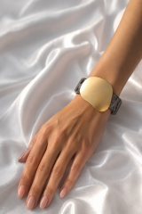 Siyah Mermer Desen Akrilik Plastik Gold Daire Plaka Model Vintage Kadın Bilezik