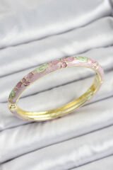 Mineli Gold Renk Pirinç Pembe Çiçek Desenli Kadın Kelepçe