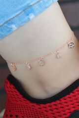 Zirkon Taşlı Çift Zincirli Rose Kaplama Metal Aksesuarlı Hal Hal