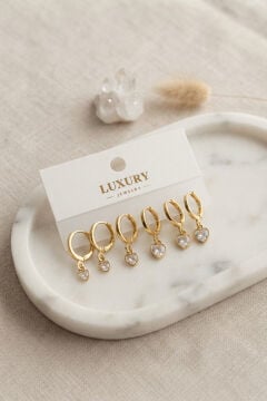 Kalp Zirkon Taşlı Gold Renk Pirinç Set Küpe