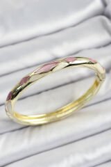 Mineli Pirinç Pembe Beyaz Geometrik Motifli Kadın Kelepçe