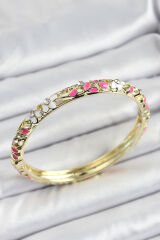 Mineli Pirinç Pembe Beyaz Çiçek Motifli Kadın Kelepçe
