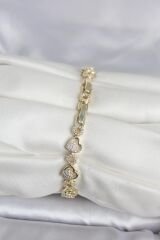 Pirinç Gold Renk Zirkon Taşlı Kalp Model Kadın Bileklik