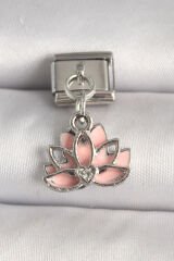 316L Çelik Gümüş Renk Pembe Lotus Model Zirkon Taş Detaylı Nomination Charm