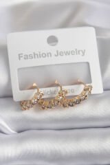 Pirinç Gold Renk Zirkon Taşlı Kadın Küpe