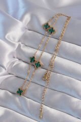 316L Çelik Gold Renk Minimal Yeşil Mineli Yonca Kolye