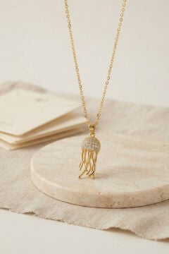 316L Çelik Zincir Gold Renk Zirkon Taşlı Jellyfish Model Kolye