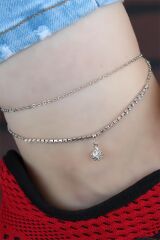 Zirkon Taşlı Silver Renk Çift Zincir Hal Hal
