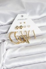 Pirinç Gold Renk 6 Çift Kadın Küpe Seti