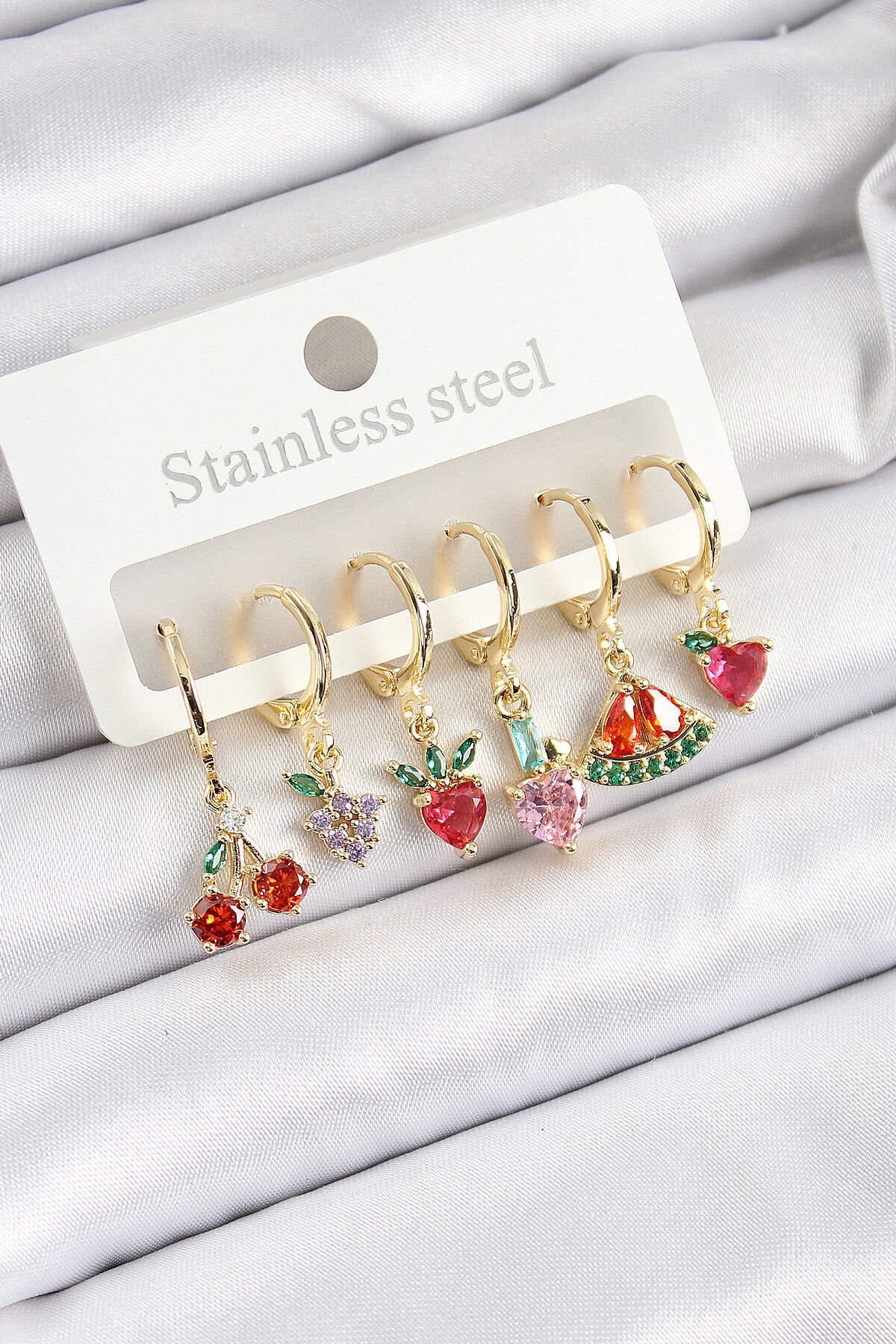 Pirinç Zirkon Taşlı Meyve Temalı Karışık Model Gold Renk 6'lı Set Kadın Küpe