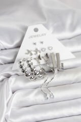 Gümüş Renk Pirinç 6'lı Kadın Küpe Seti