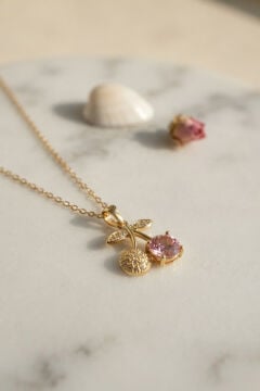 316L Çelik Zincir Gold Renk Pembe Kiraz Model Kolye
