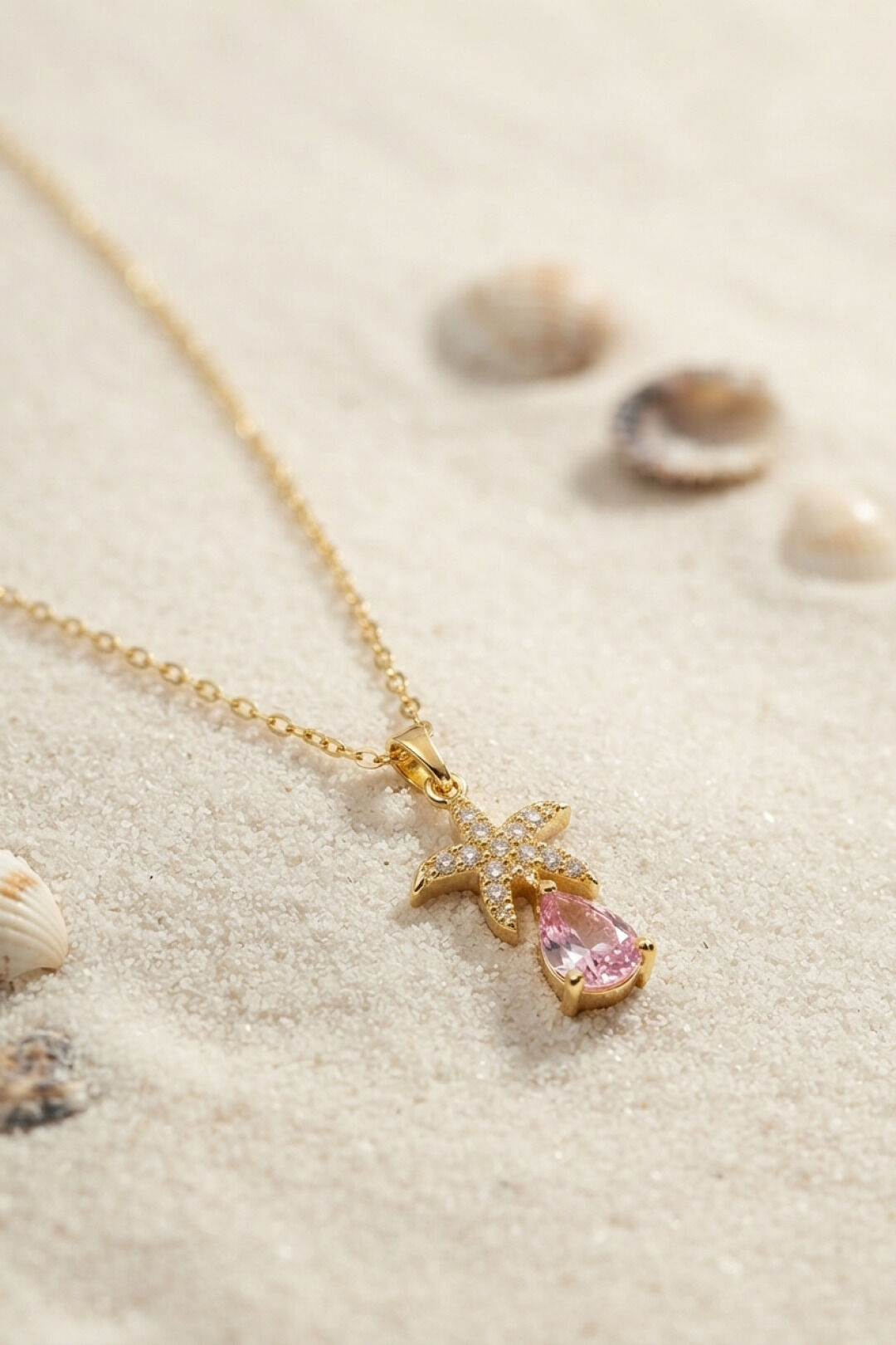 316L Çelik Zincir Gold Renk Yıldız Model Pembe Damla Taş Model Kolye