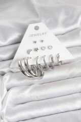 Pirinç Gümüş Renk Halka Modelli 6 Çift Kadın Küpe