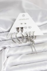 Gümüş Renk Pirinç 6'lı Kadın Küpe Seti