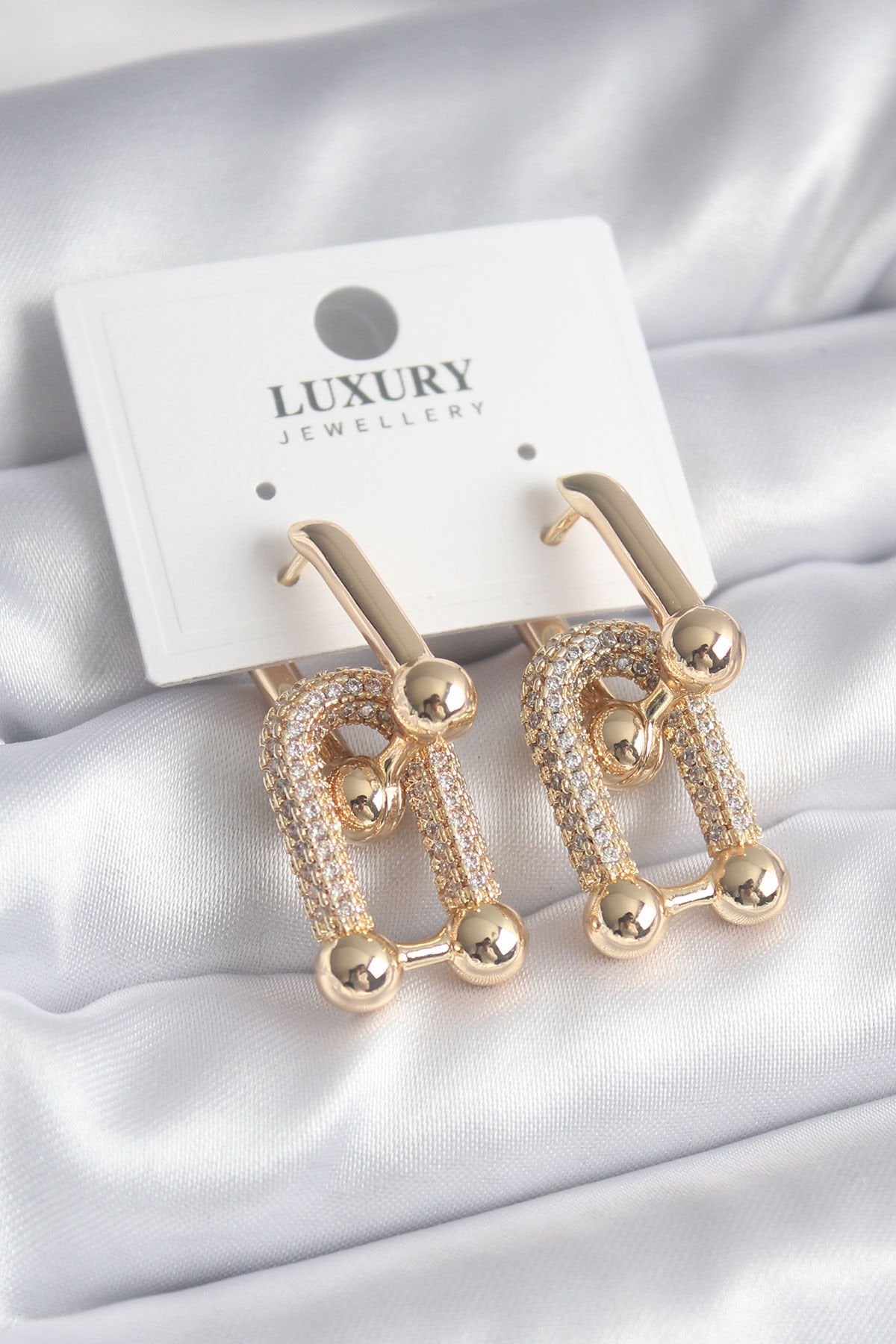 Pirinç Gold Renk Zirkon Taşlı Tiffany Model VIP Seri Kadın Küpe