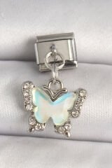316L Çelik Gümüş Renk Zirkon Taşlı Sarı Mineli Kelebek Model Nomination Charm