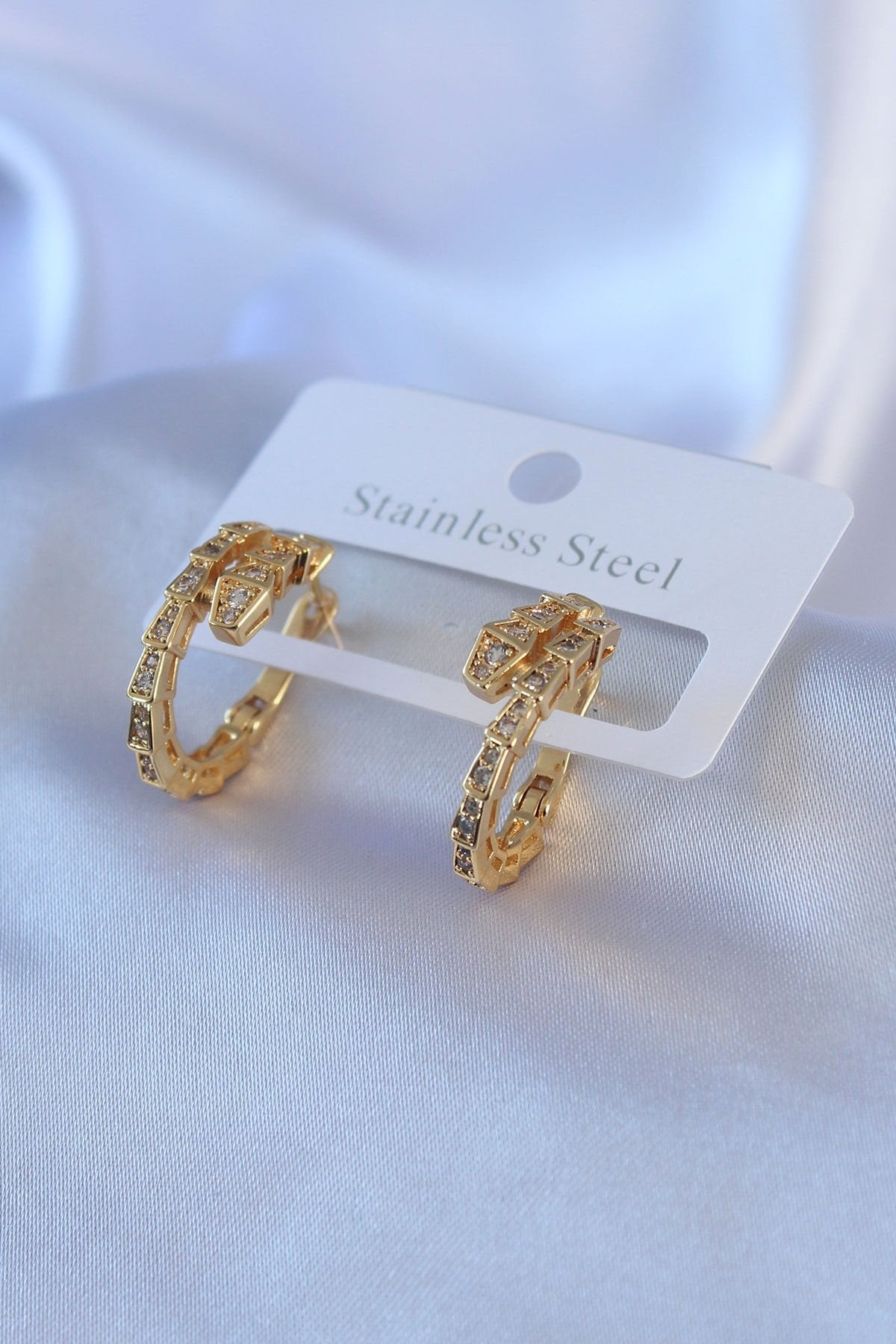 316L Çelik Gold Renk Yılan Model Zirkon Taşlı Kadın Küpe