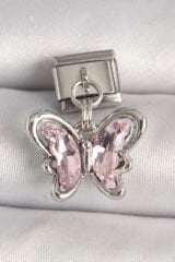 316L Çelik Gümüş Renk Pembe Zirkon Taşlı Kelebek Model Nomination Charm