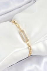 Pirinç  Dikdörtgen Model Zirkon Taşlı Gold Renk VİP Seri Kadın Bileklik