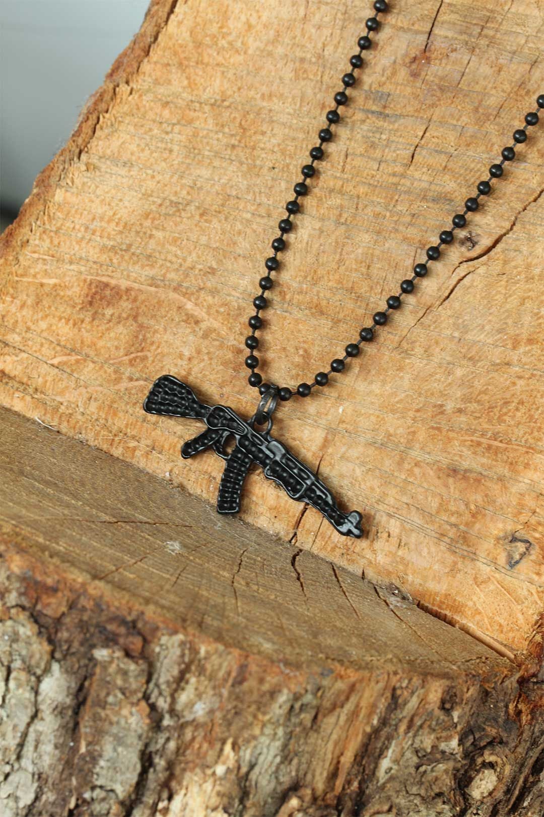 Krom Kaplama Siyah Renk Metal Tüfek Kafası Tasarım Erkek Kolye