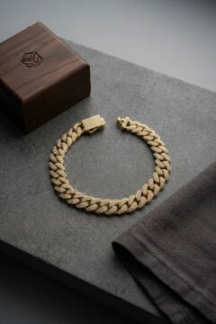 Cuban Zincir Model Zirkon Taşlı Gold Renk Erkek Bileklik