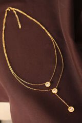 Çelik Altın Renk Taşlı Oval Model Çift Zincir Kolye
