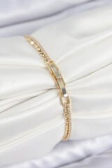 Pirinç Zirkon Taşlı Ezme Zincirli Kalp Model Gold Renk Kadın Bilekilk