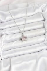 316L Çelik Zincir Gümüş Renk Pembe Taşlı Yıldız Model Kadın Kolye
