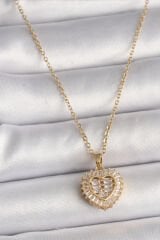 316L Çelik Gold Renk Zincir Zirkon Taşlı Kalp Model Kadın Kolye